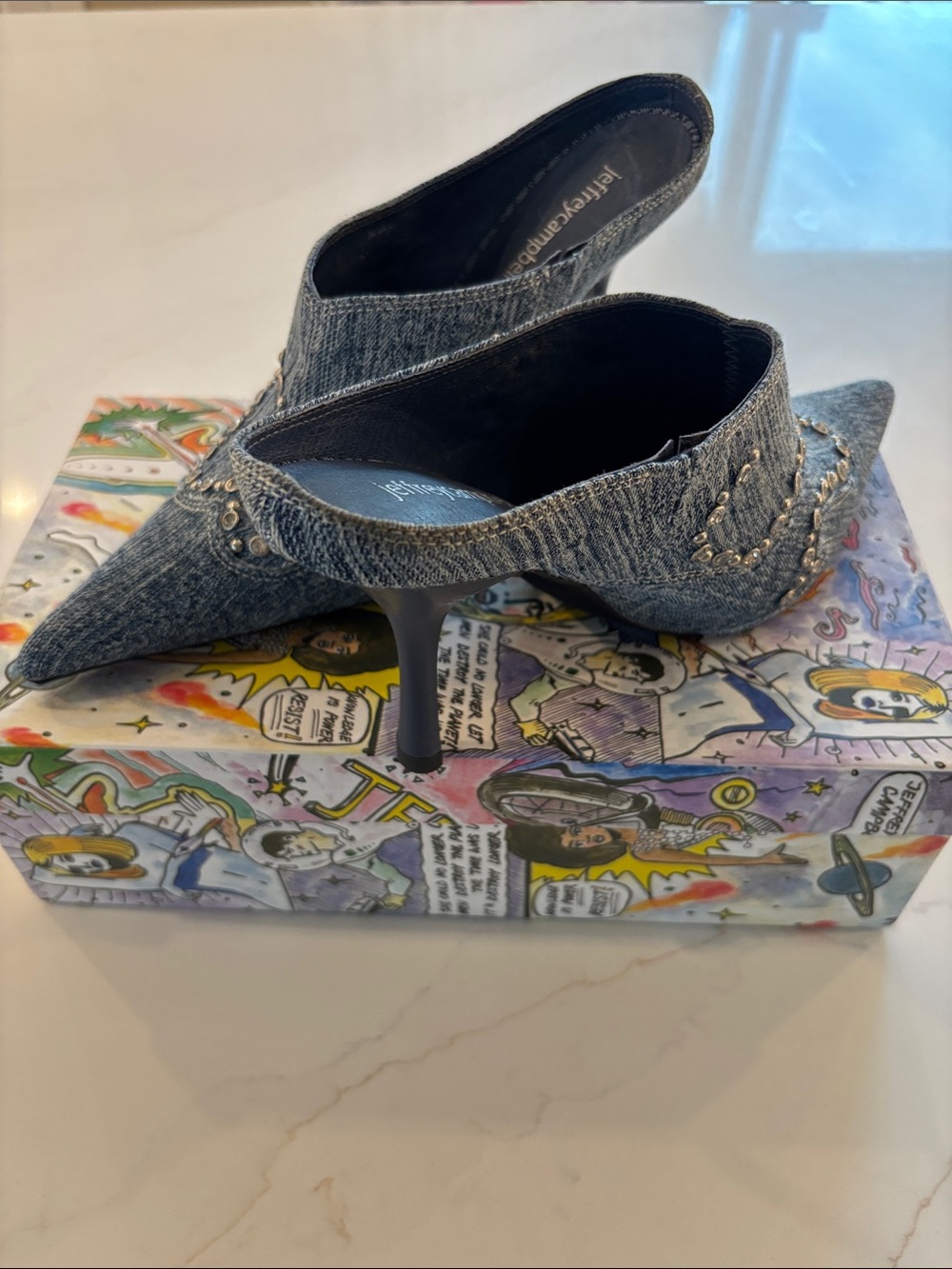 Jeffrey Campbell Grey Denim Studded Pointed-Toe Mules - Picture 6 of 9